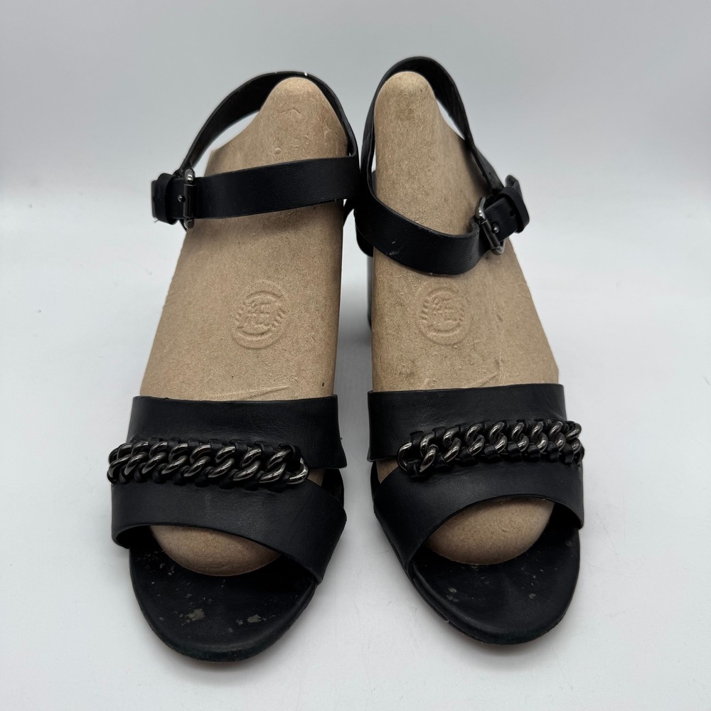 Coach Phoebe Women's Heeled Sandals Black Leather W/Black Chain Block Heel 6 - Picture 2 of 7